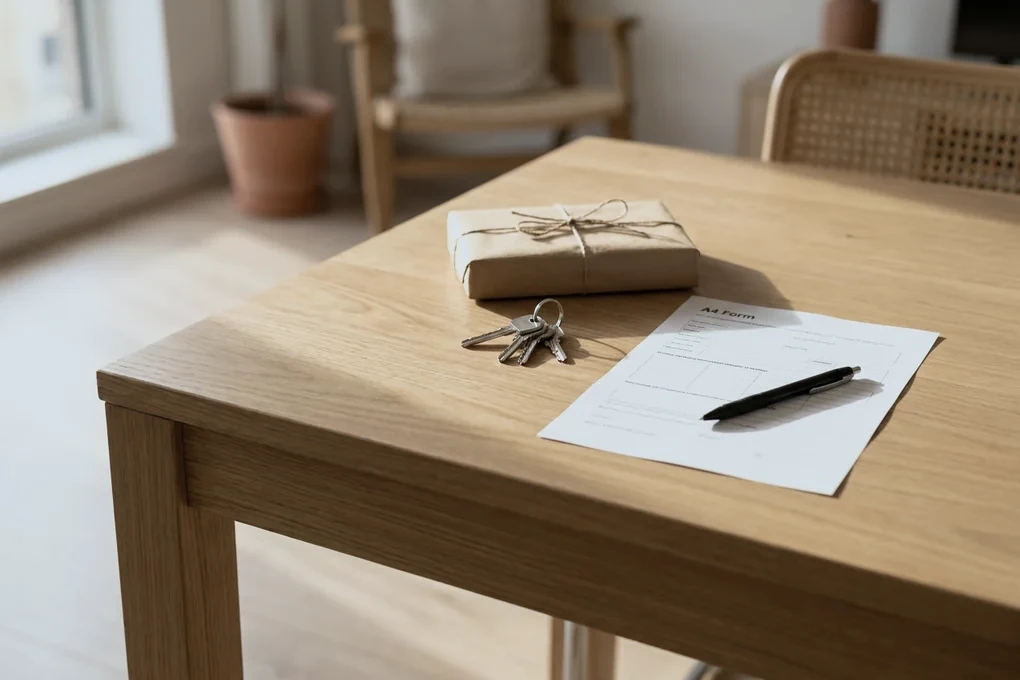 A wrapped parcel, a set of keys and a printed form on an oak table. A pen lies across the paper.