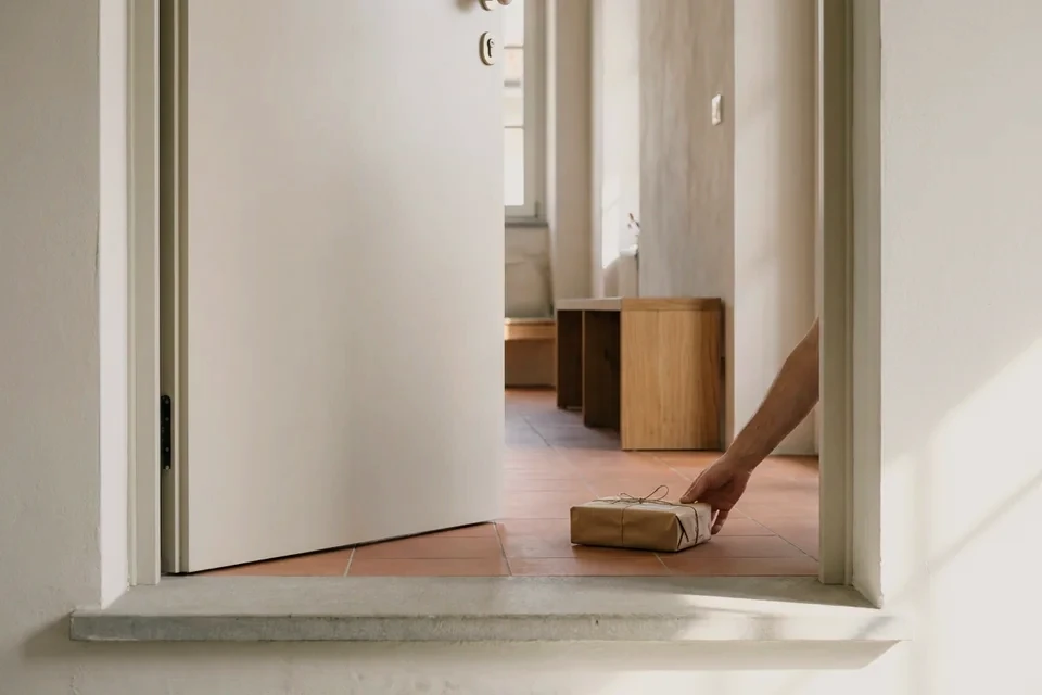 A hand setting a parcel down inside an open front door. A tiled floor and a bench run into the hall behind.