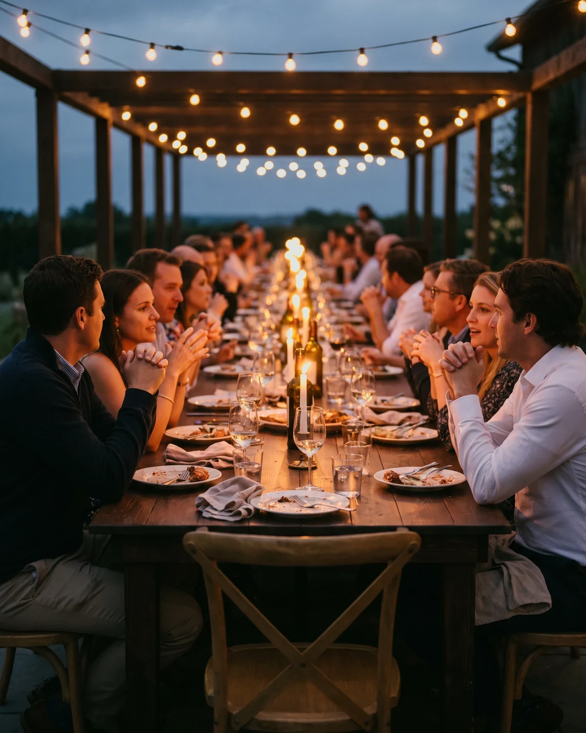 The same terrace in the evening, the festoon lights now lit above a long table. Guests sit along both sides.