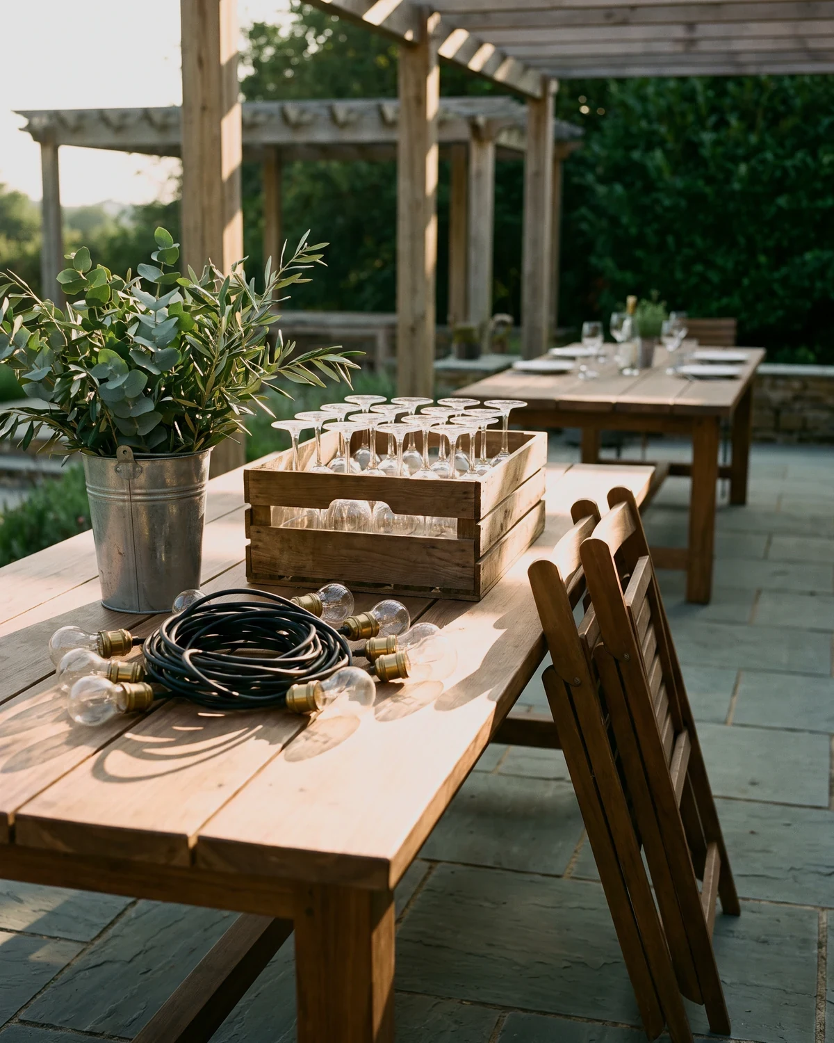 A terrace table laid an hour before the guests arrive. A string of festoon lights lies coiled on it, beside a crate of spare bulbs.