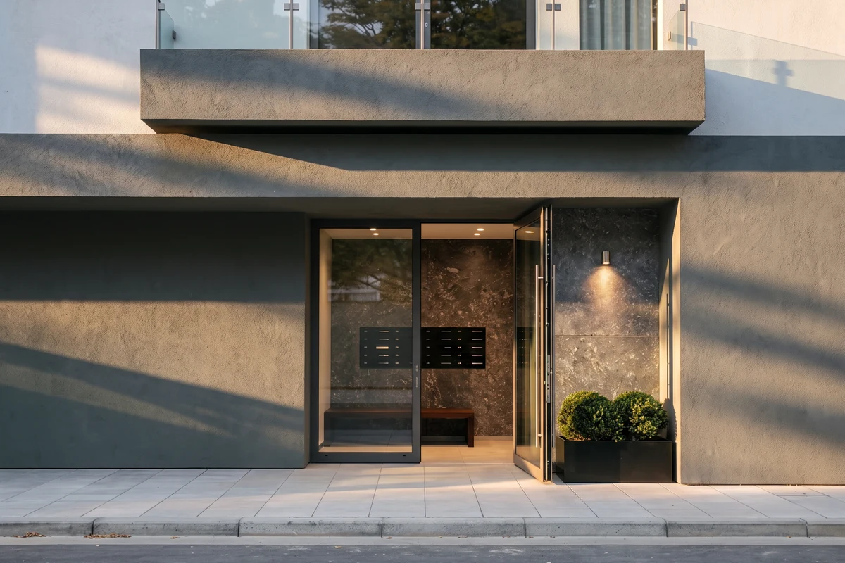 The entrance to a building we manage, seen from the pavement. The door stands open to a lit hallway.