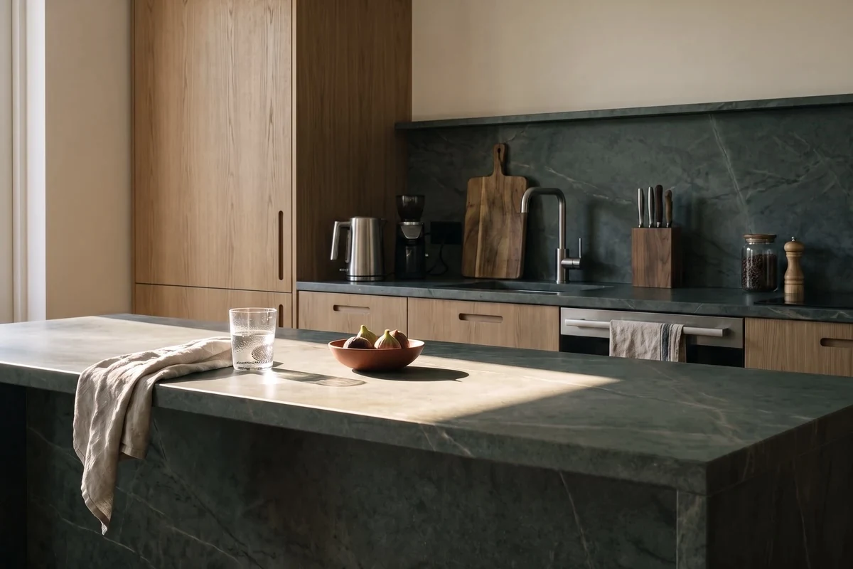 The corner of a kitchen, with a dark stone island in the foreground. Oak cabinets stand behind it, in one patch of sunlight.