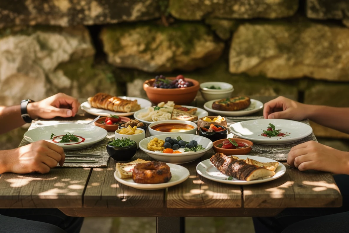 A table of small shared dishes against a dry stone wall. Two people reach in from either side.